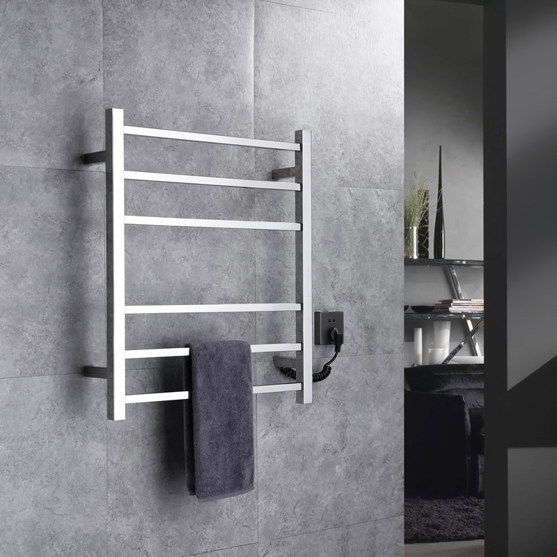 Polished Chrome Wall Mounted Electric Heated Towel Rack 6 Bar